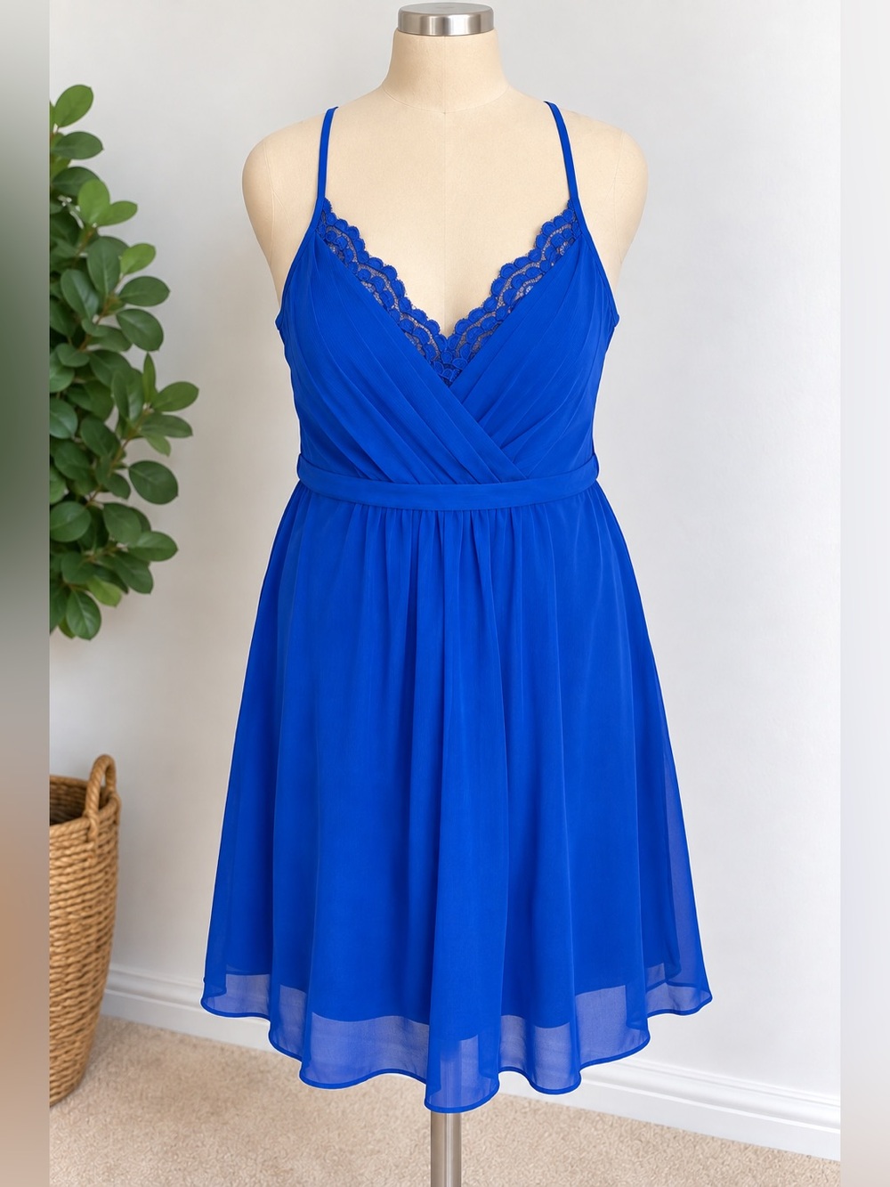 Blue Lace-Trim Spaghetti Strap Dress